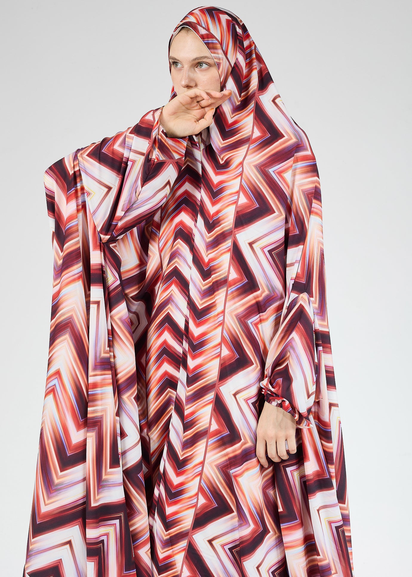 Faten Chevron Satin Prayer Gown with Elastic Cuffs - Comfortable Islamic Prayer Dress for Women, Perfect for Salah, Mosque & Home Worship