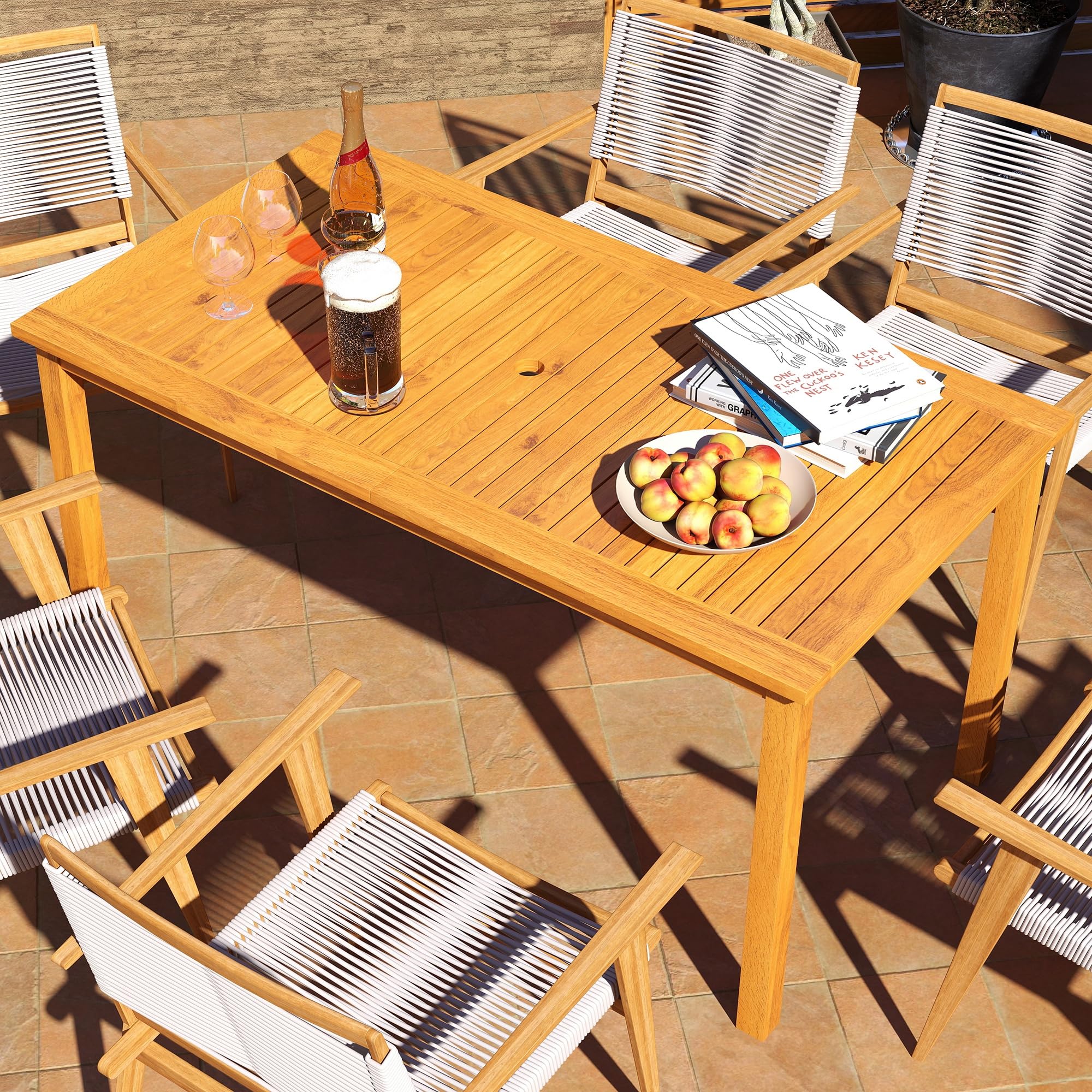 Outsunny 6-Person Rectangle Patio Dining Table with Umbrella Hole - Acacia Wood Outdoor Table for Garden, Backyard, Deck - Perfect for BBQs, Family Gatherings & Outdoor Entertaining