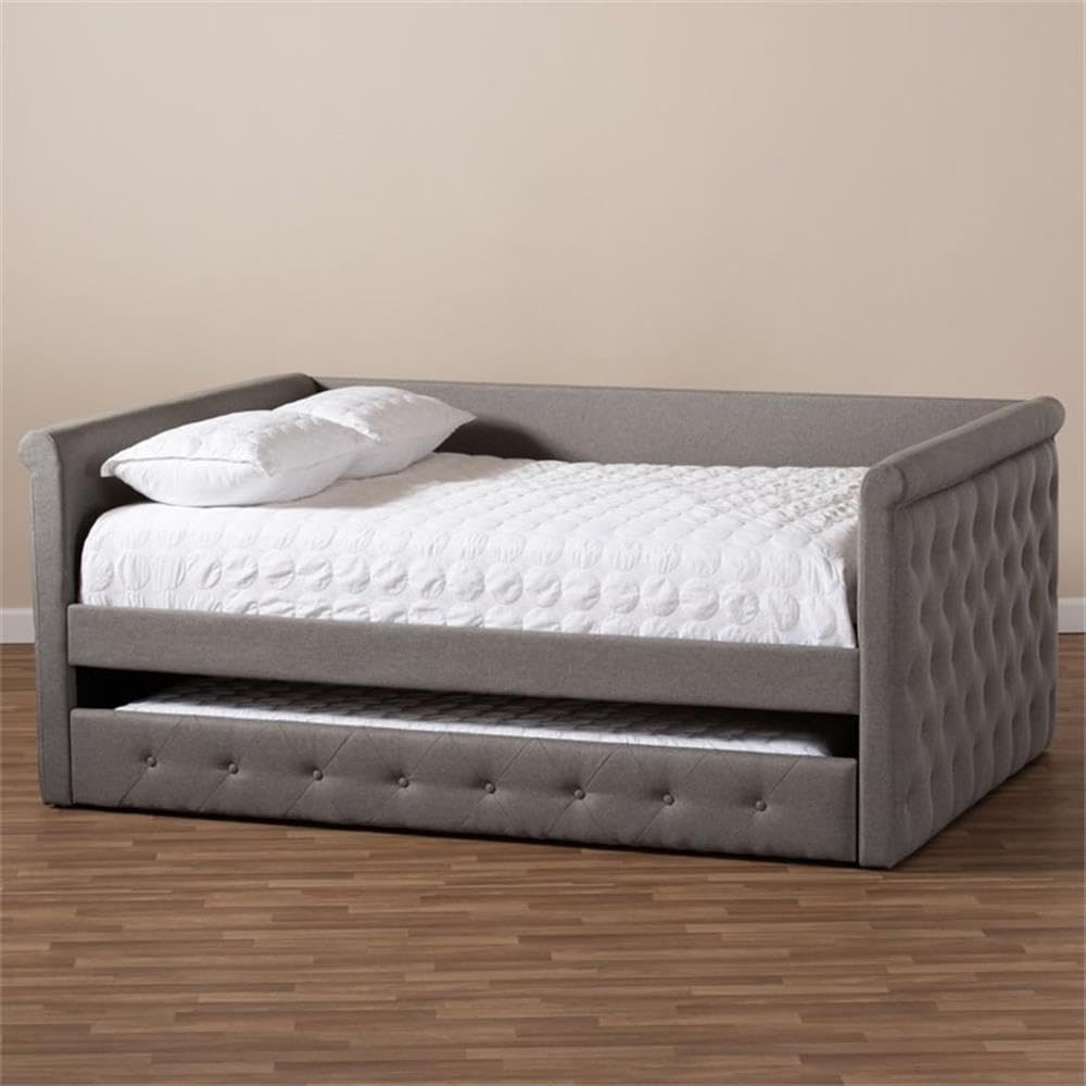 Pemberly Row Gray Fabric Tufted Queen Daybed with Trundle - Stylish Space-Saving Bed for Guest Rooms, Small Apartments & Home Offices