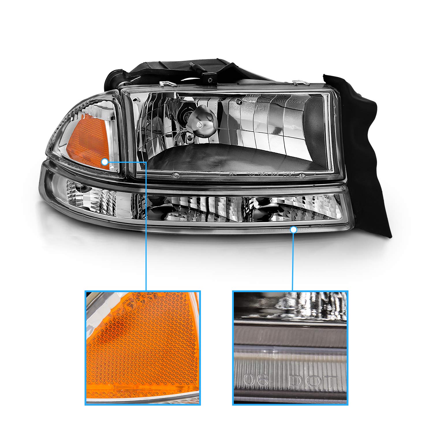 AmeriLite Chrome Replacement Headlights Corner Parking Light Set for Dodge Dakota & Durango - Driver & Passenger Side - High Visibility & Durable for Night Driving & Off-Road Adventures