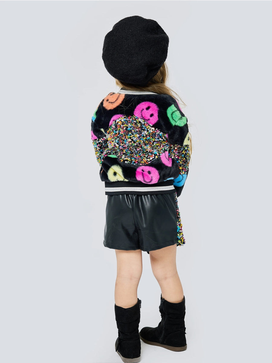 Stylish Smiley Face & Sequin Fringe Faux Fur Bomber Jacket for Women - Trendy Winter Coat for Parties, Night Out & Casual Wear