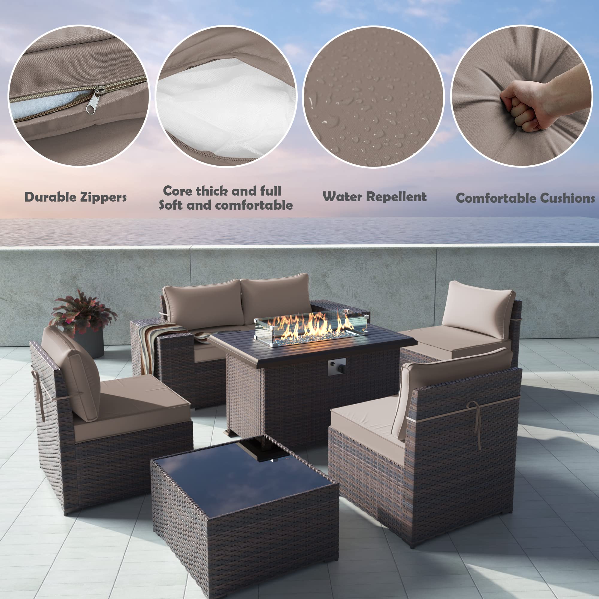 Gotland 7-Piece Outdoor Patio Furniture Set with 43-inch Gas Fire Pit Table - 55,000 BTU Propane Sectional Sofa Set with Auto-Ignition & Glass Wind Guard - Perfect for Backyard, Garden, Poolside & Outdoor Entertaining