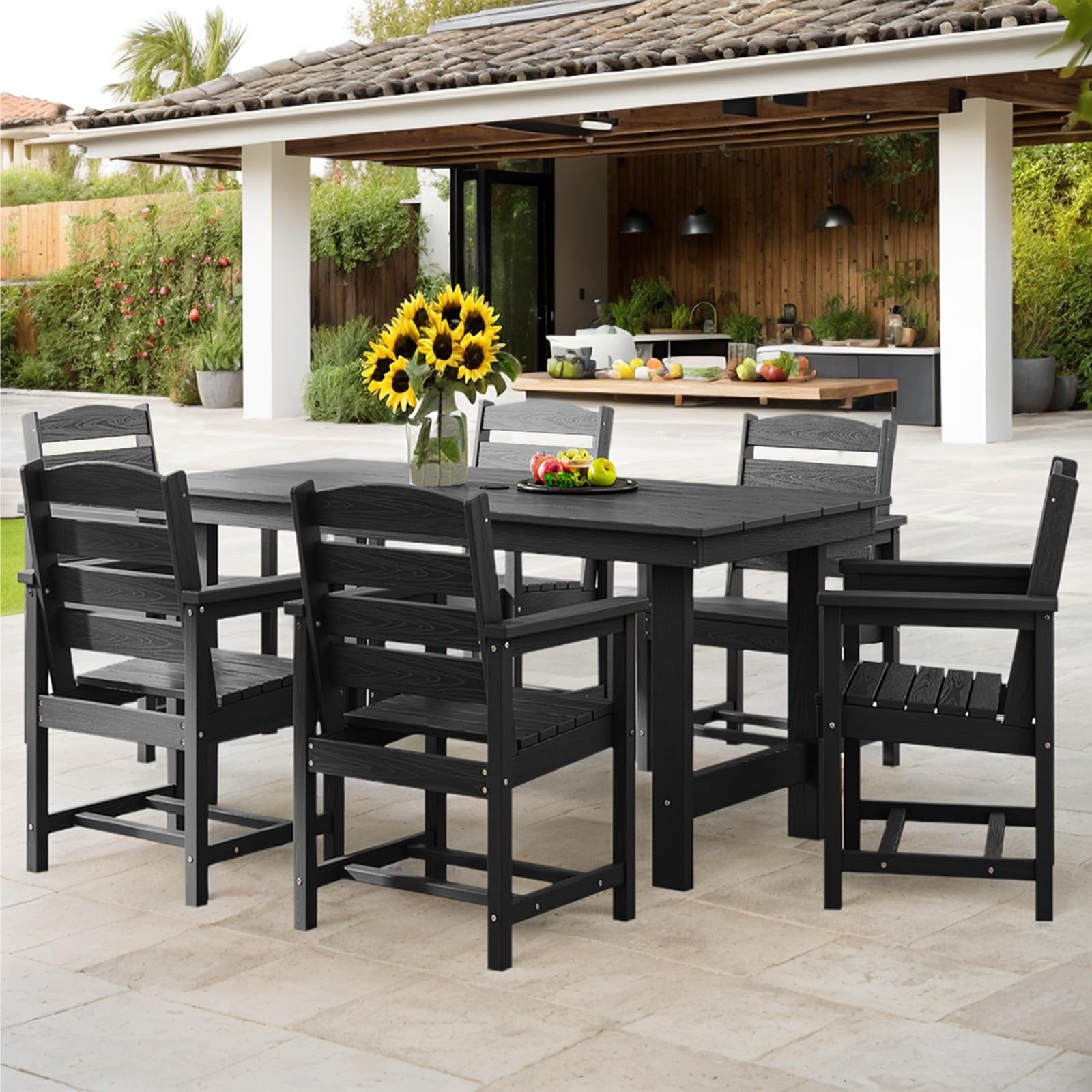 TenKa 7-Piece HDPE Patio Furniture Set for 6 People - Durable Outdoor Dining Table with 6 Chairs & Umbrella Hole - Perfect for Garden, Backyard, Lawn, Poolside & Outdoor Entertaining