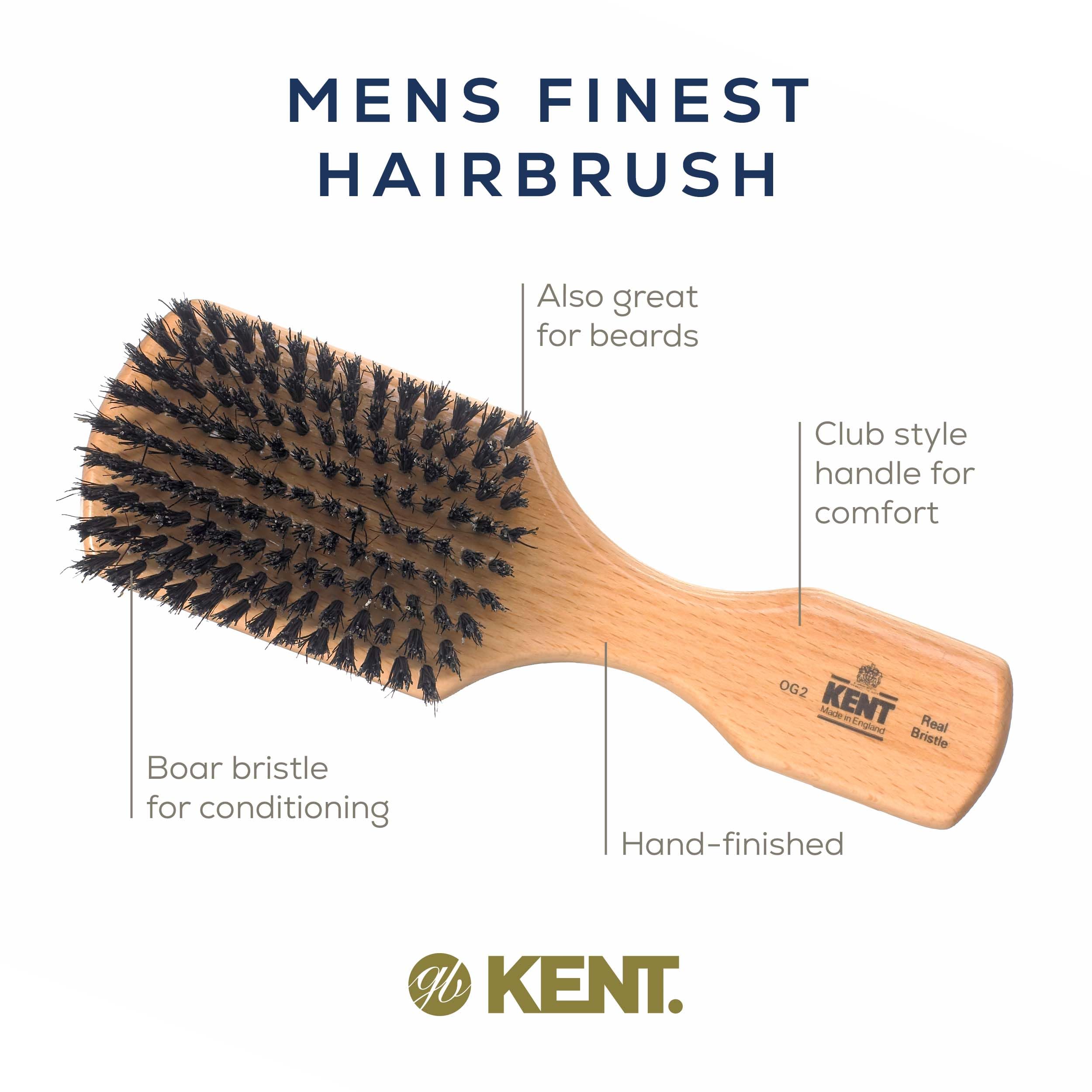 Kent OG2 Boar Bristle Hair & Beard Brush for Men - Grooming & Styling Essential
