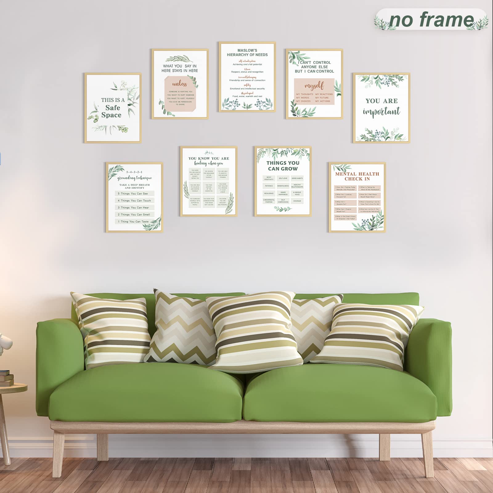 9-Piece Mental Health Posters Set - Anxiety Therapy & Motivational Wall Art for Psychologists, Counselors, Home & Office Decor - 8x10 Inch Inspirational Quote Posters (Leaf Design) - Perfect for Therapy Rooms, Classrooms, and Mental Wellness Spaces