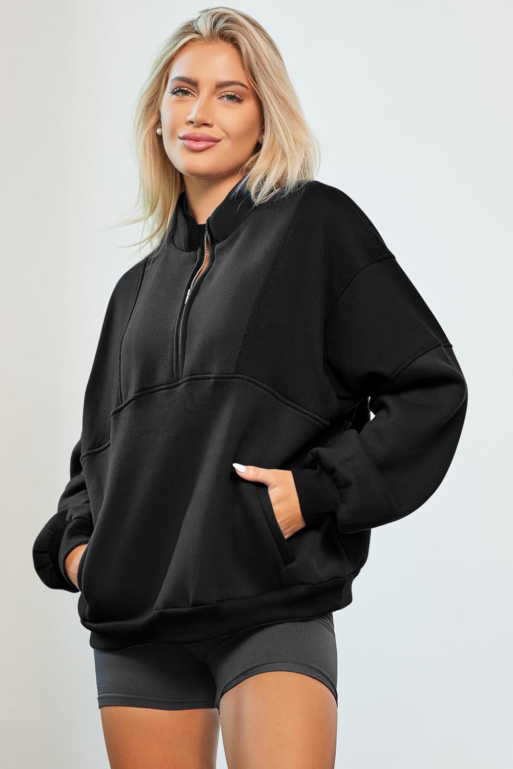 BLENCOT Women's Half Zip Oversized Fleece Sweatshirt - Long Sleeve Cropped Pullover with Pockets for Workout & Casual Wear (Sizes S-2XL) | Cozy Winter Loungewear & Gym Outfit