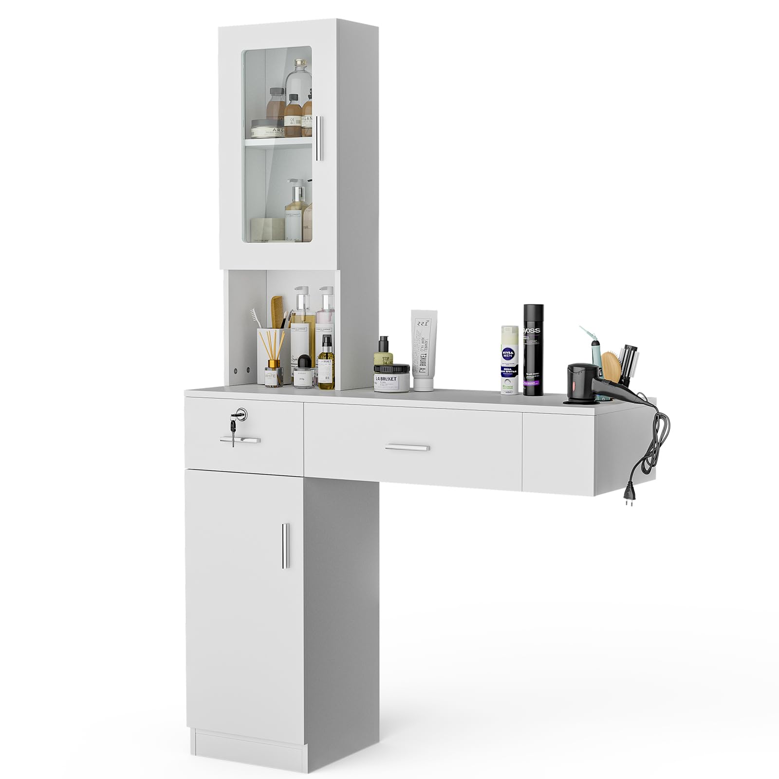 Professional Wall Mount Hair Salon Station - Barber Styling Storage Cabinet with Glass Door, 2 Drawers & 3-Tier Shelves (White) | Perfect for Salon Organization, Home Barber Setup & Beauty Studio Storage
