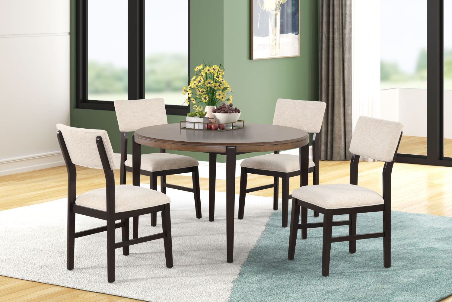 Arabella 5-Piece Round Dining Set with Upholstered Back Chairs - Black & Brown Wood Finish - Perfect for Kitchen, Breakfast Nook, or Small Dining Room