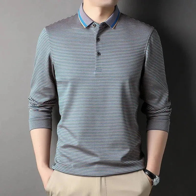Men's Striped Polo Shirt Long Sleeve Cotton Casual Button Down Shirt for Work, Office & Outdoor Activities