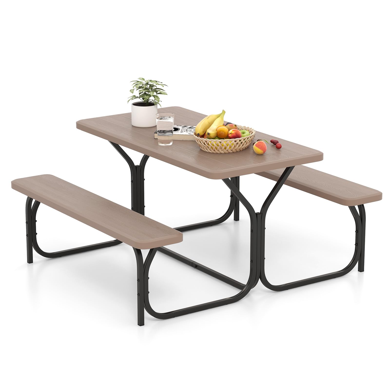 Giantex 7-Piece Outdoor Picnic Table Bench Set - All-Weather Metal Base with Wood-Like Texture - Perfect for Backyard, Poolside, Camping, Garden Parties & Patio Dining - Heavy-Duty Lawn & Deck Furniture for Adults & Families