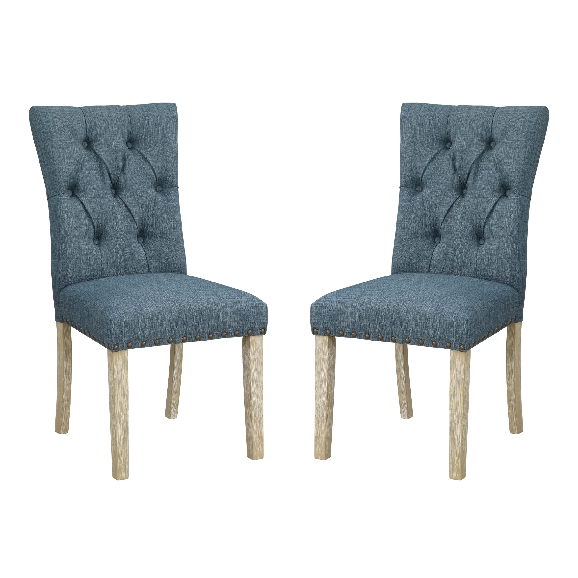 OSP Home Furnishings Preston Dining Chairs 2-Pack - Button Tufted Back, Antique Bronze Nailhead Trim, Indigo Fabric Upholstery - Elegant Kitchen & Dining Room Furniture Set for Home Decor