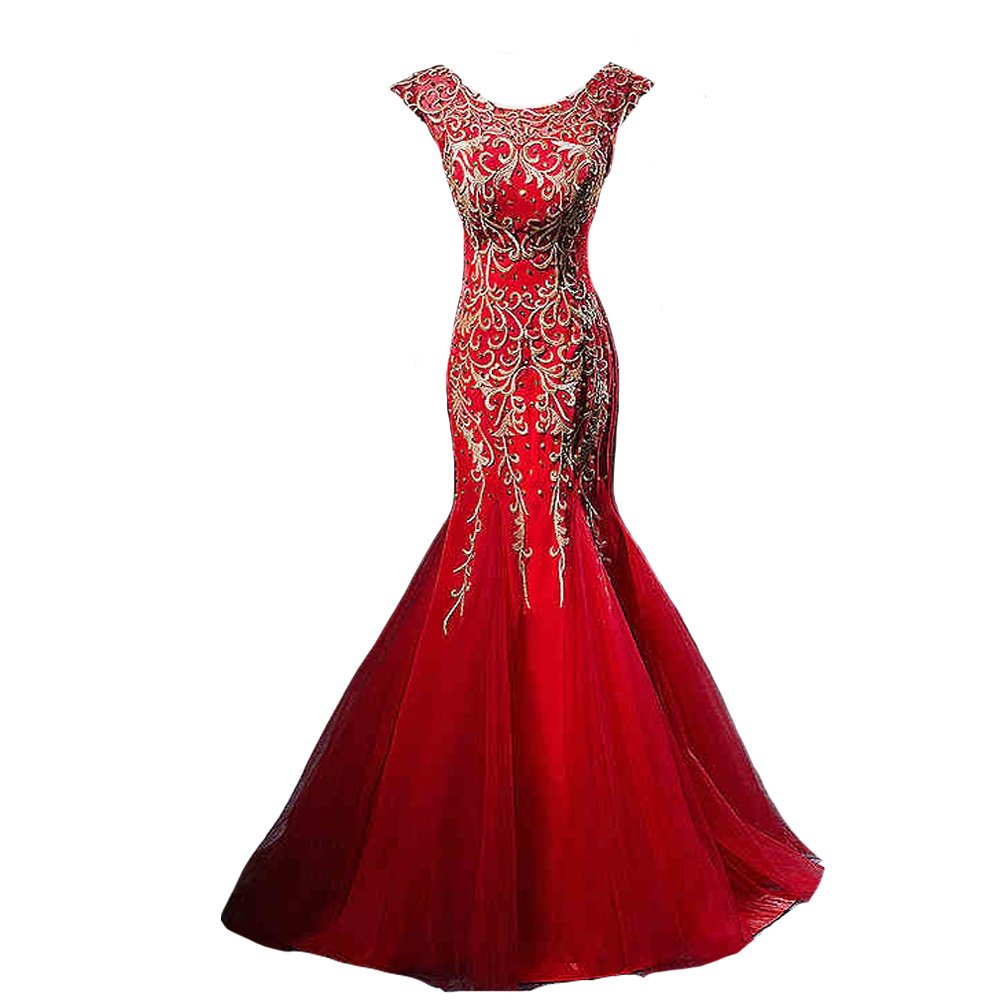Kivary® Red Mermaid Prom Dress with Gold Embroidery & Sequins - Elegant Formal Evening Gown for Homecoming, Wedding Guest, Pageant & Special Occasions
