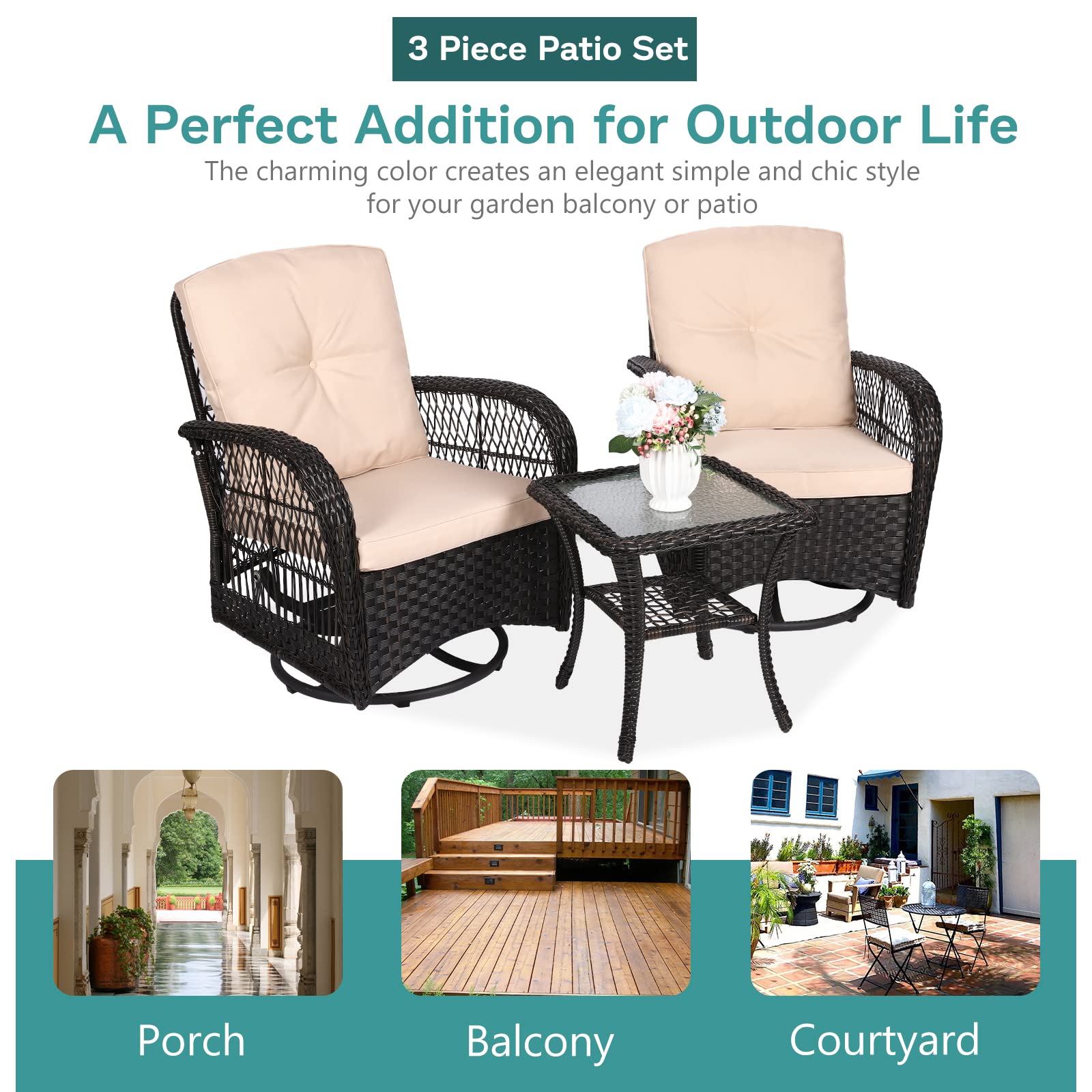 MEETWARM 3-Piece Outdoor Wicker Swivel Rocking Chair Set with Thickened Cushions & Glass-Top Coffee Table - Patio Furniture Conversation Set for Porch, Garden, Backyard (Dark Brown) | Perfect for Relaxing, Entertaining & Outdoor Lounging