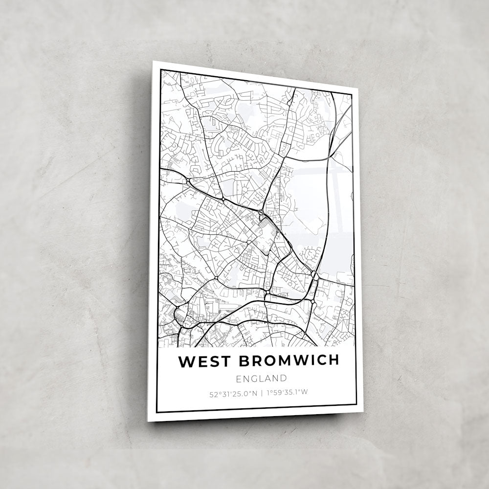 West Bromwich Map Glass Wall Art - Elegant Home Decor for Living Room, Office & Gifts - Premium Framed Glass Print for UK Football Fans & Travel Enthusiasts