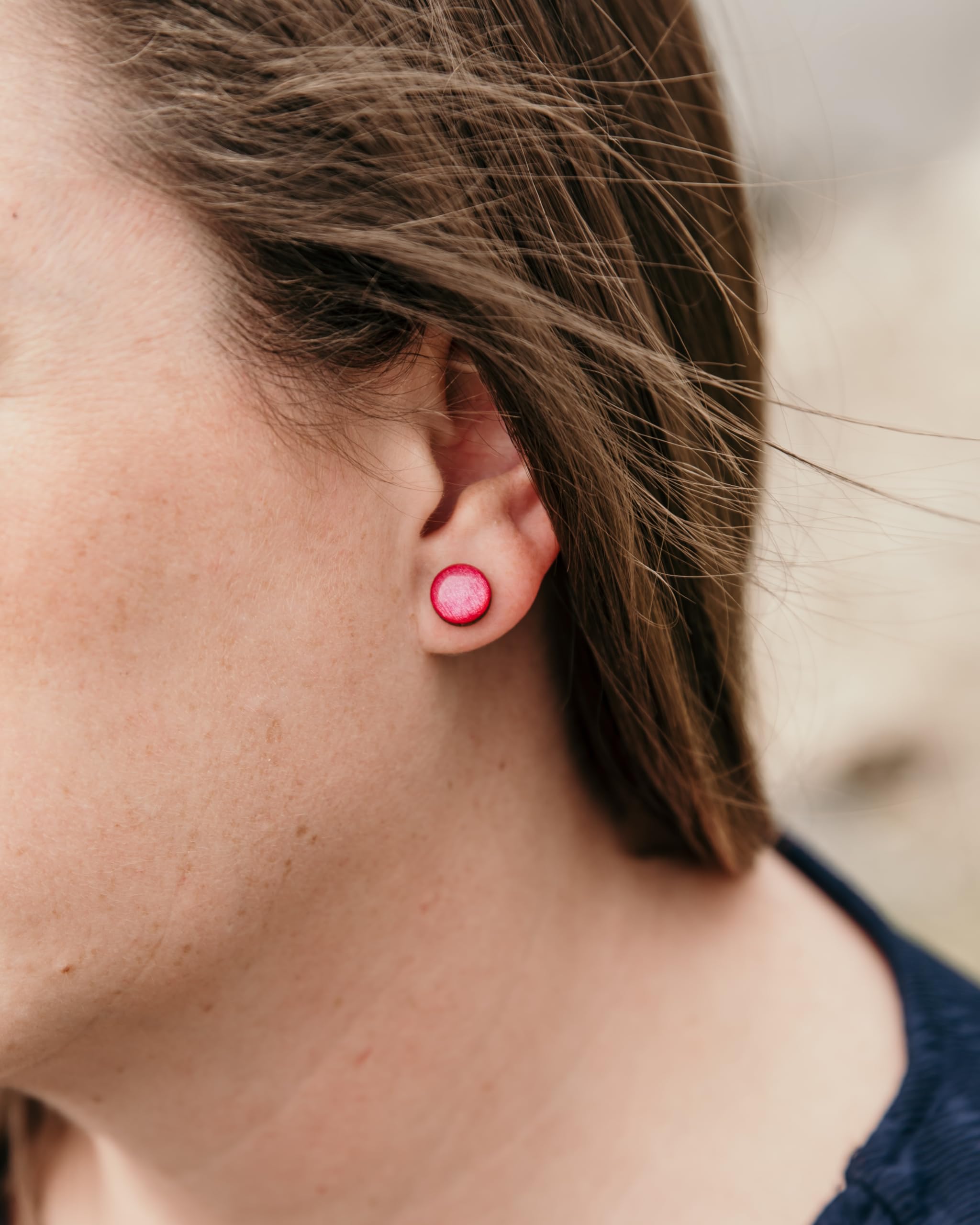 Handmade Stud Earrings for Women & Men - 10mm Shimmer Stainless Steel Earrings for Sensitive Ears | Hot Pink Shimmer | Perfect for Daily Wear, Parties & Gifts