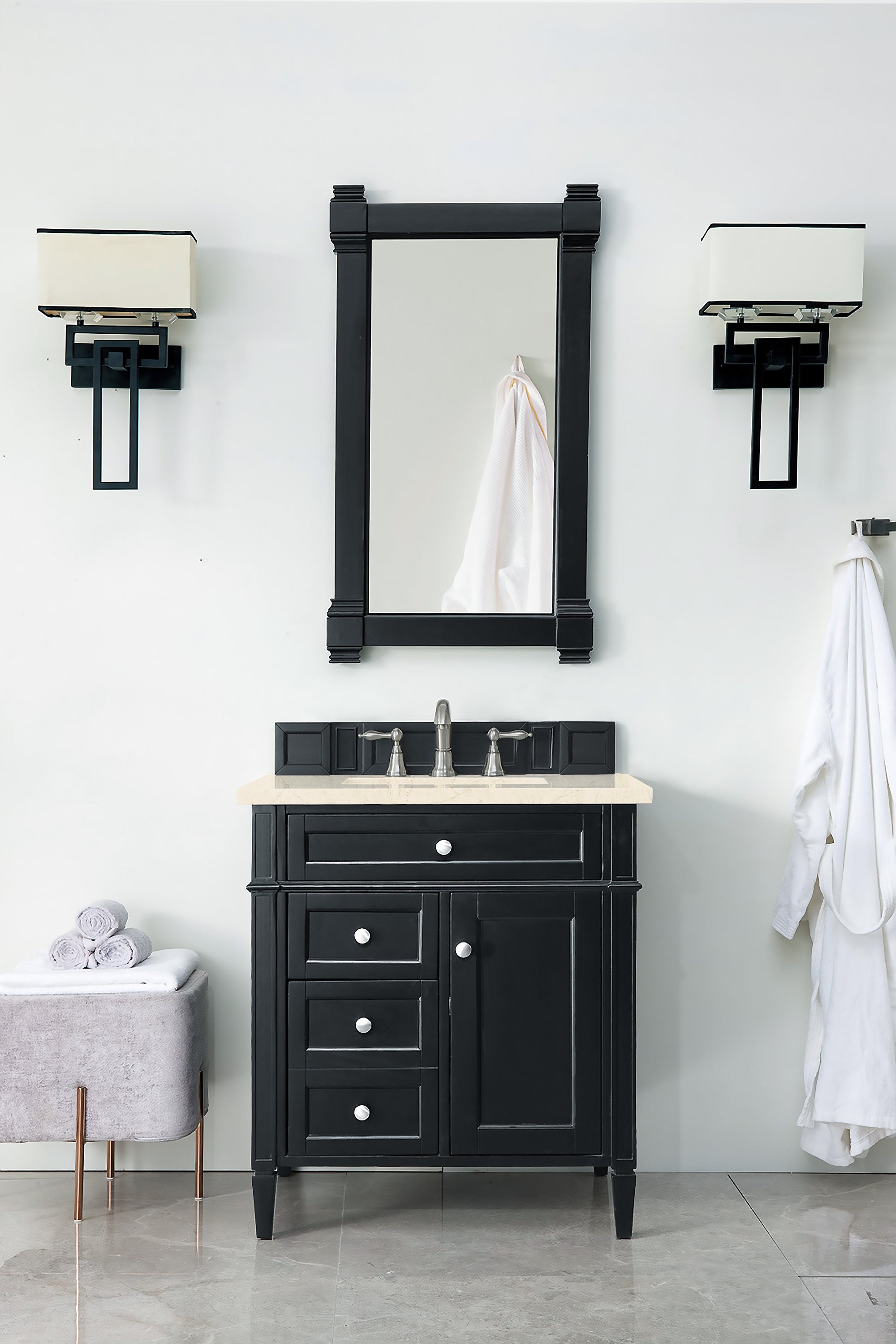 Brittany 30-Inch Single Bathroom Vanity in Black Onyx with 3CM Eternal Marfil Quartz Countertop - Perfect for Modern Master Bathrooms and Powder Rooms
