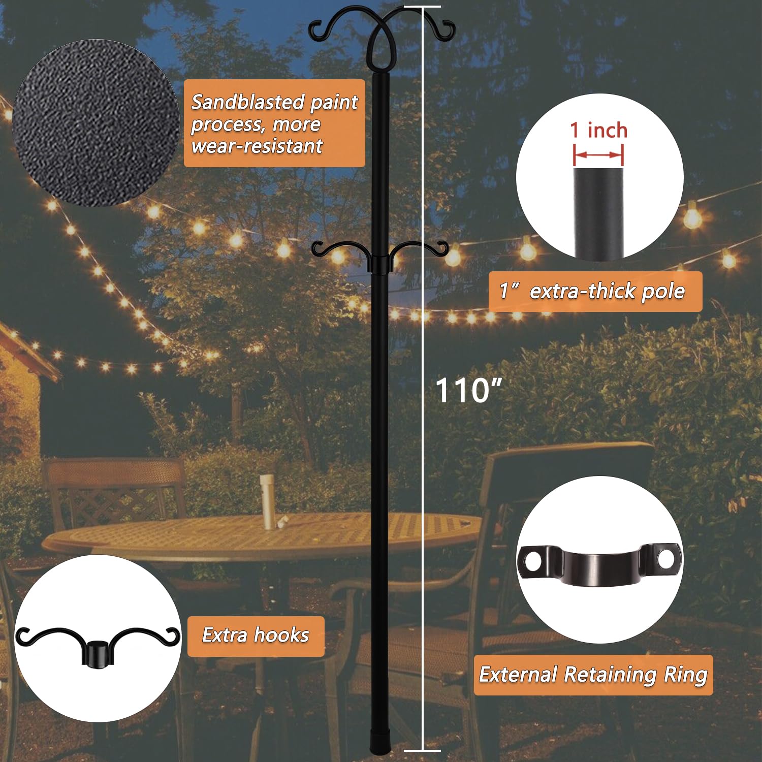 2 Pack Adjustable 110IN Metal String Light Poles with Hooks - Black Garden & Patio Lighting Stand for Outdoor Parties, Weddings, Backyard Decor - Perfect for Hanging Fairy Lights & Creating Ambiance