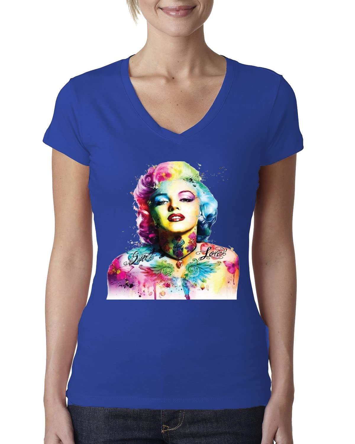 Vibrant Marilyn Multicolor Pop Art T-Shirt for Women - Junior Fit V-Neck Tee | Perfect for Casual Wear, Pop Culture Events & Retro Fashion