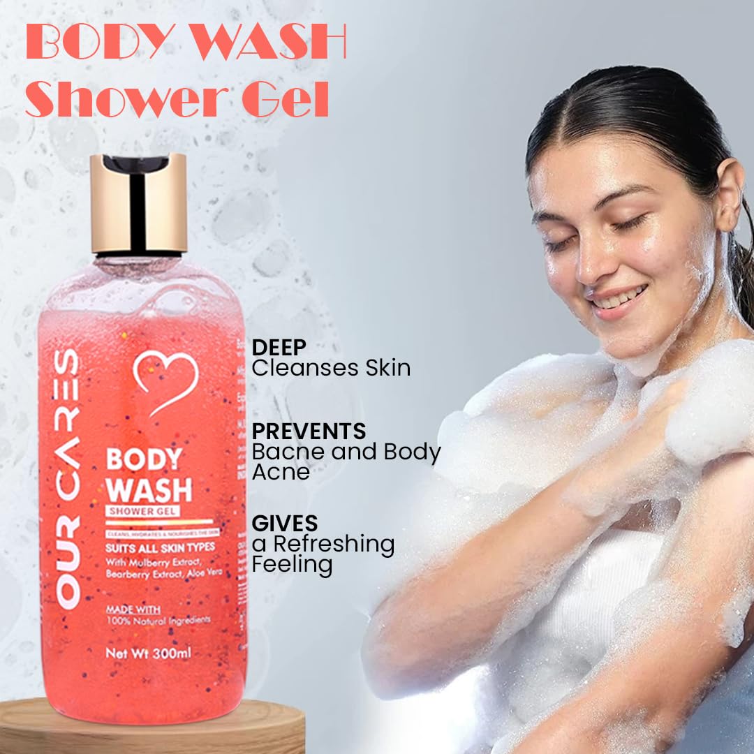 OURCARES Moisturizing Body Wash & Shower Gel - Sulfate Free, Paraben Free | Foaming Cleanser for Softer & Smoother Skin | Face, Body & Hair Wash (300ml) | Ideal for Daily Shower, Spa & Travel Use - For Men & Women