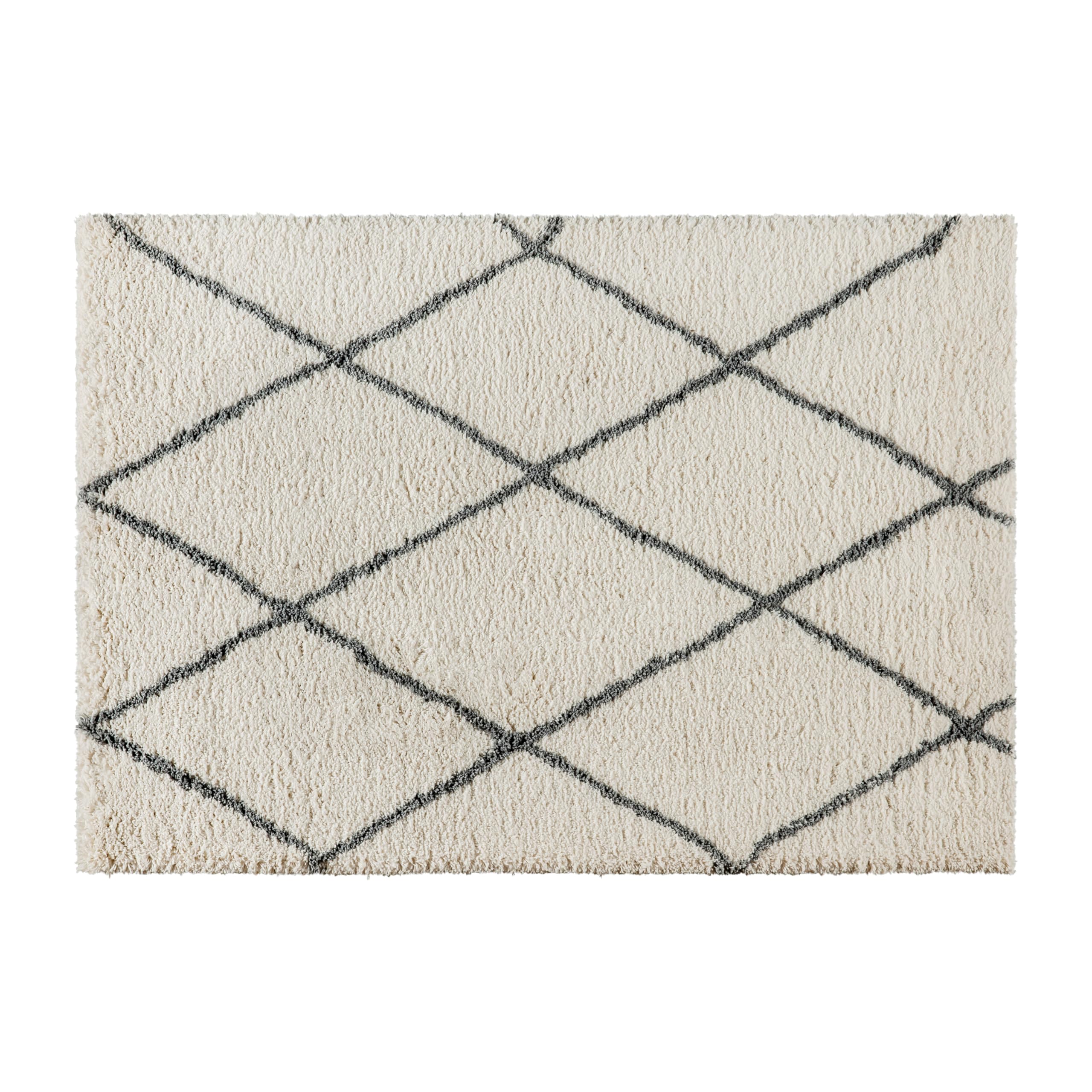 EMMA + OLIVER 5' x 7' Ivory and Black Diamond Trellis Modern Shag Area Rug - Soft Plush Living Room Carpet for Bedroom, Nursery & Home Decor
