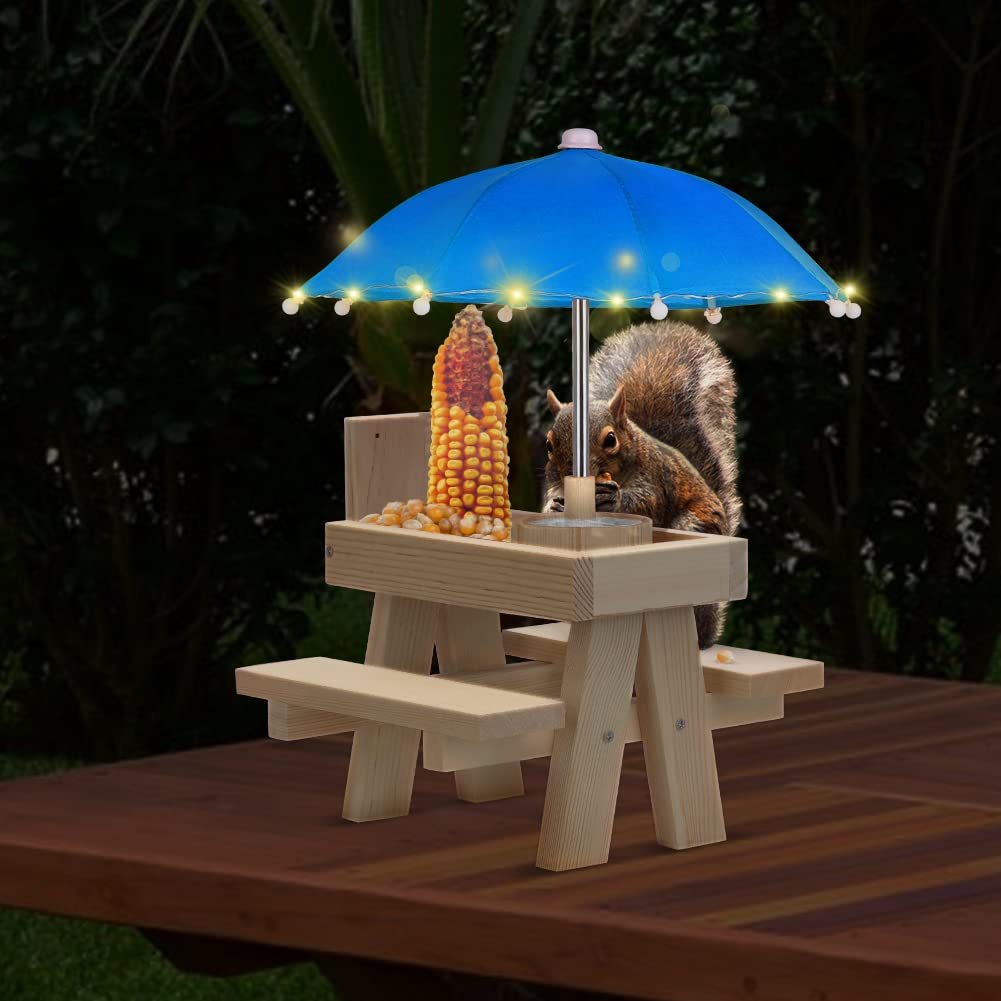 Outdoor Hanging Squirrel Feeder with Umbrella Cover & LED String Lights - Natural Wooden Picnic Table Style Bird Feeder with Water Bowl (Blue) - Perfect for Backyard Wildlife Watching & Garden Decoration