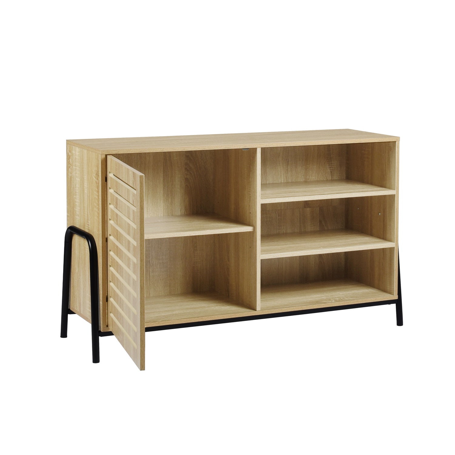 Beige Metal and Wood Sideboard with Oak Veneer - 5 Shelves Storage Cabinet for Living Room, Dining Room, or Entryway - Model Auro