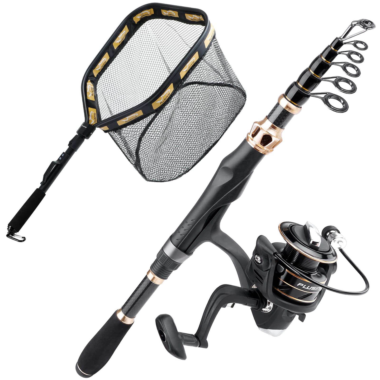 **PLUSINNO Carbon Fiber Telescopic Fishing Rod and Reel Combo with Floating Net - Ideal for Steelhead, Salmon, Fly, Kayak, Catfish, Bass, and Trout Fishing - Perfect for Freshwater and Saltwater Angling Adventures**