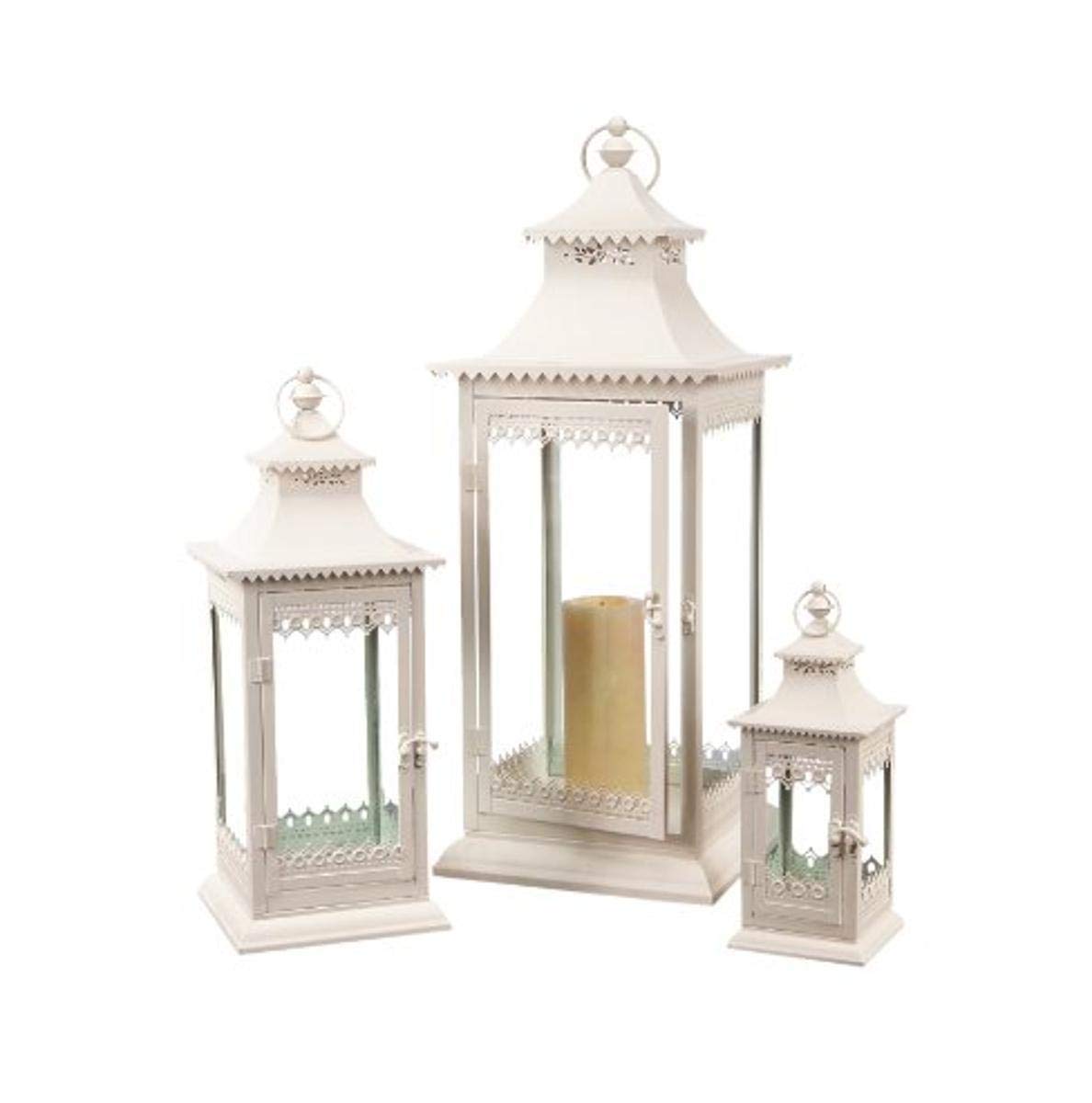 Vintage Metal and Glass Lantern Set of 3 - Creamy White Outdoor/Indoor Decorative Lighting for Patio, Garden, Wedding & Home Decor