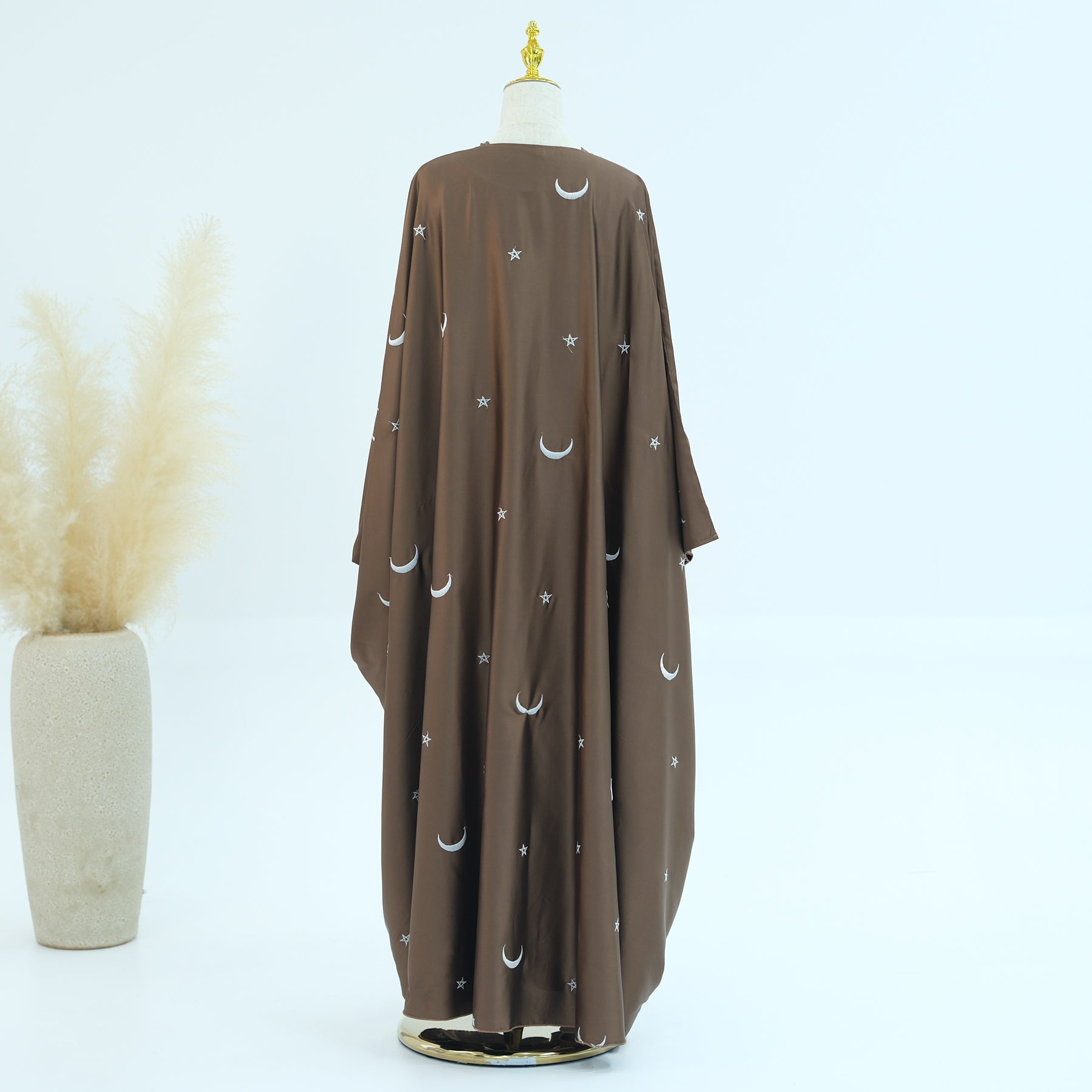 Elegant Hannah Moon Star Open Abaya in Brown - Modest Islamic Prayer Dress for Women - Perfect for Daily Wear, Mosque Visits & Special Occasions