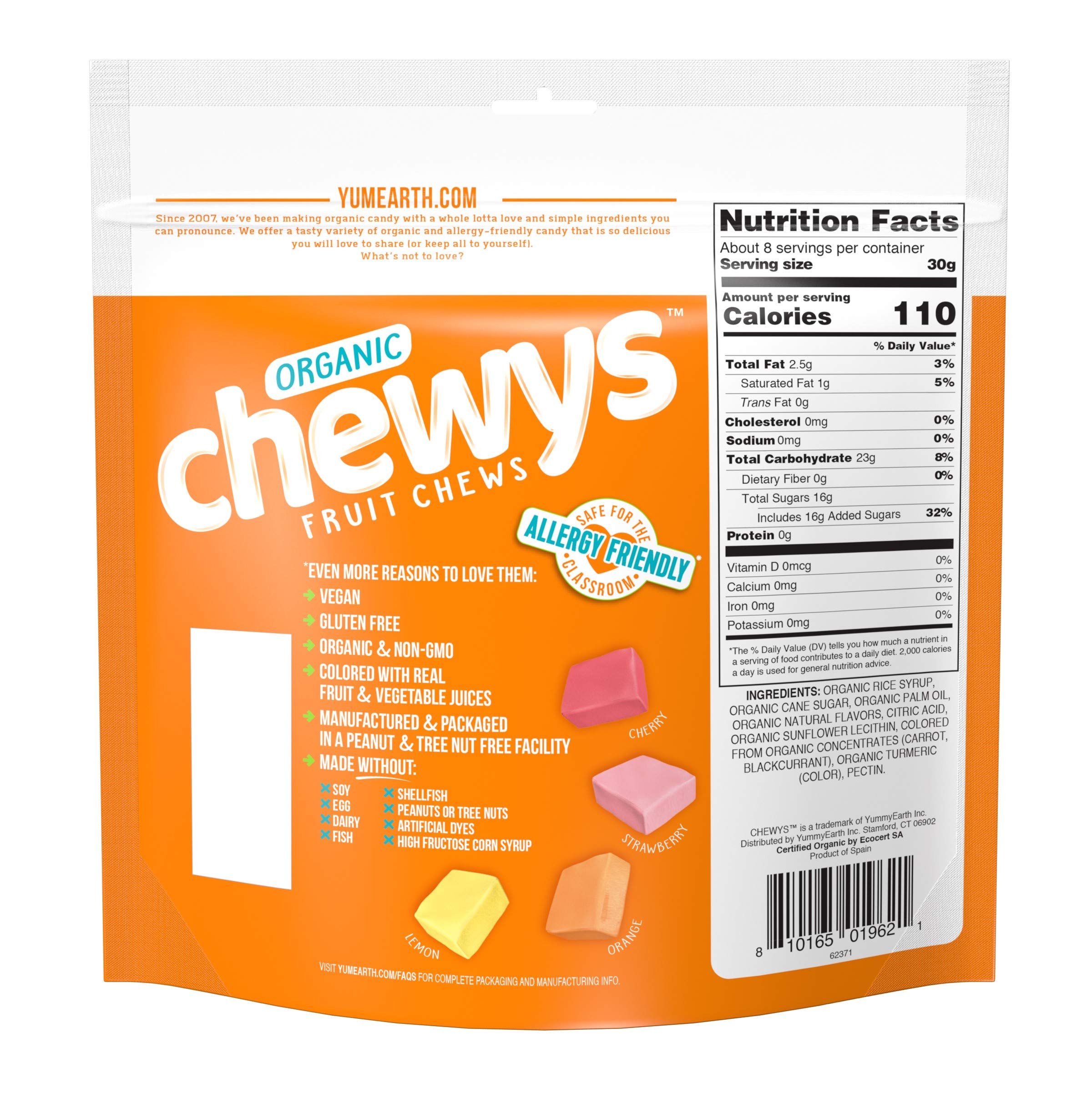 YumEarth Organic Fruit Chews - Natural Fruit Flavored Candy, Dye-Free, Allergy Friendly, Gluten Free, Non-GMO, Vegan Snacks with No Artificial Flavors, 8oz (Pack of 6) - Perfect for School Lunches, Parties & Healthy Treats