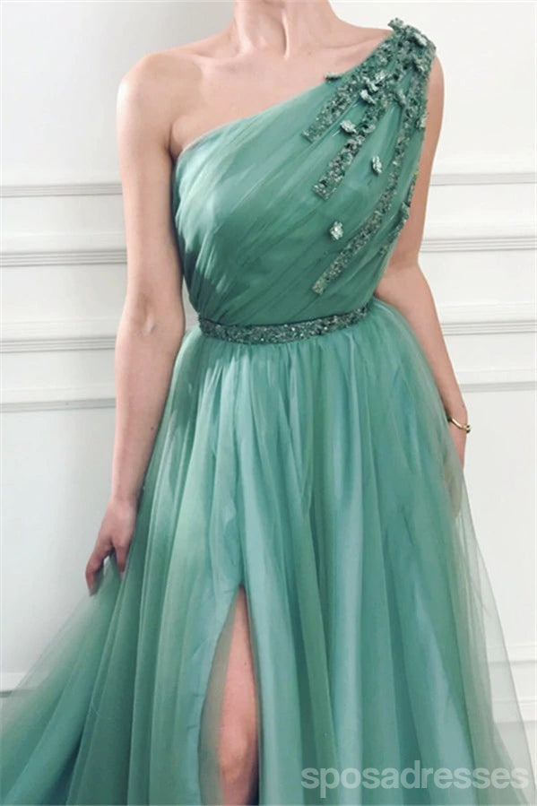 Elegant Green A-Line One Shoulder High Slit Long Prom Dress for Women - Perfect for Homecoming, Evening Gala & Formal Events