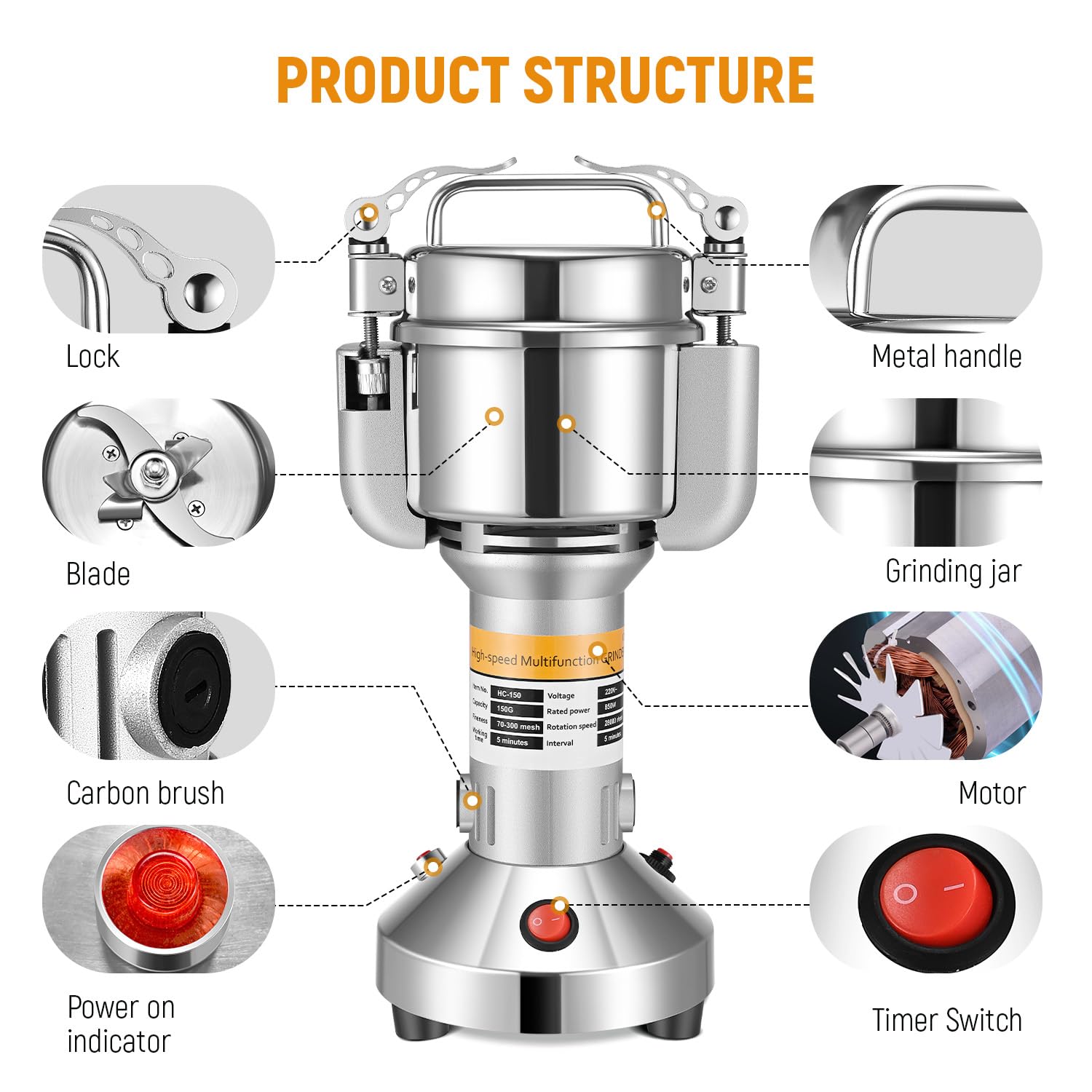 Electric Grain Grinder 150g Portable High-Speed Mill with 3 Stainless Steel Blades - 220V for Wheat, Dry Cereals, Herbs & Spices - Perfect for Home Baking, Coffee Grinding & Healthy Cooking