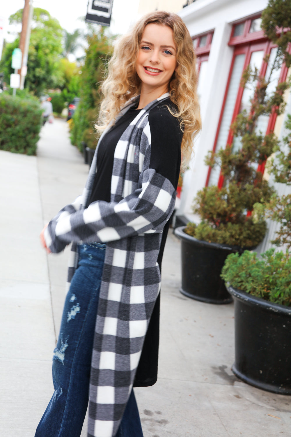 Black Buffalo Plaid Hacci Cardigan for Women - Soft & Cozy Oversized Sweater | Perfect for Fall & Winter Outfits, Casual Wear, and Layering