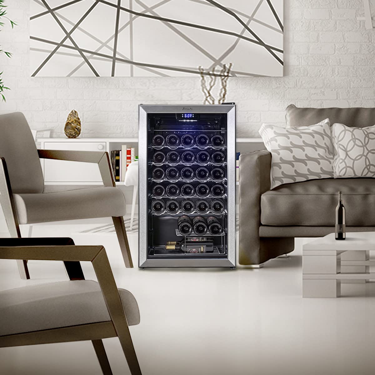 SMETA 33 Bottle Under Counter Wine Cooler - Stainless Steel Black Wine Fridge with Glass Door, Digital Touch Screen & LED Lights for Beer, Wine & Drinks (95L) - Perfect for Home Bars, Restaurants, and Wine Cellars