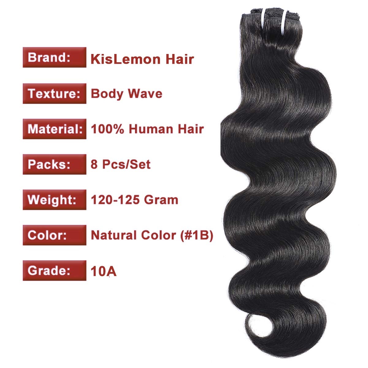 Clip-in Hair Extensions #1B Natural 10A Body Wave 100% Virgin Human Hair - 8pc/Lot 125g with 16 Clips (26 Inch) for Volume & Length - Perfect for Parties, Weddings & Daily Styling