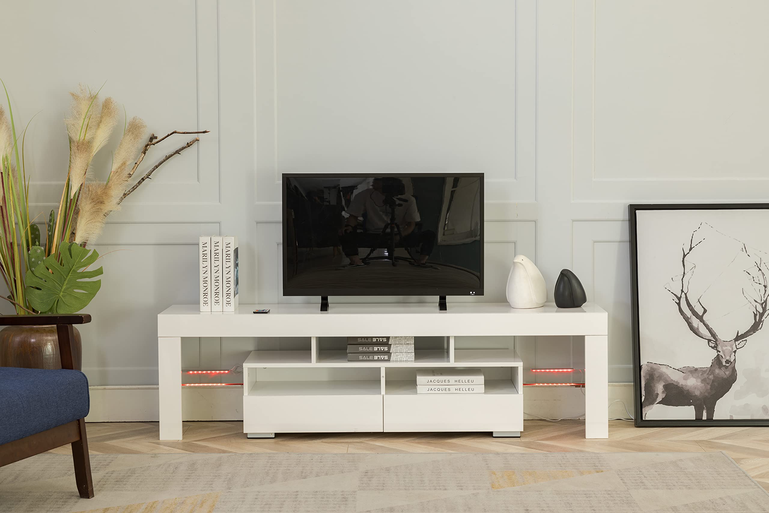 Modern LED TV Stand with Storage Drawers - White Entertainment Center Cabinet for Living Room, Bedroom & Office - Space-Saving Media Console with Built-in LED Lighting for Home Theater Setup