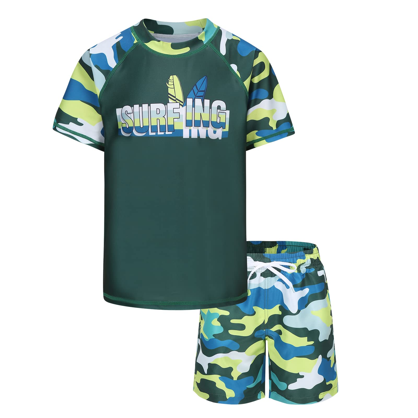 **Boys 2-Piece Quick Dry Rash Guard Swimsuits Set with Short Sleeve Swim Shirt & Trunks – UV Protection for Beach, Pool & Water Sports**