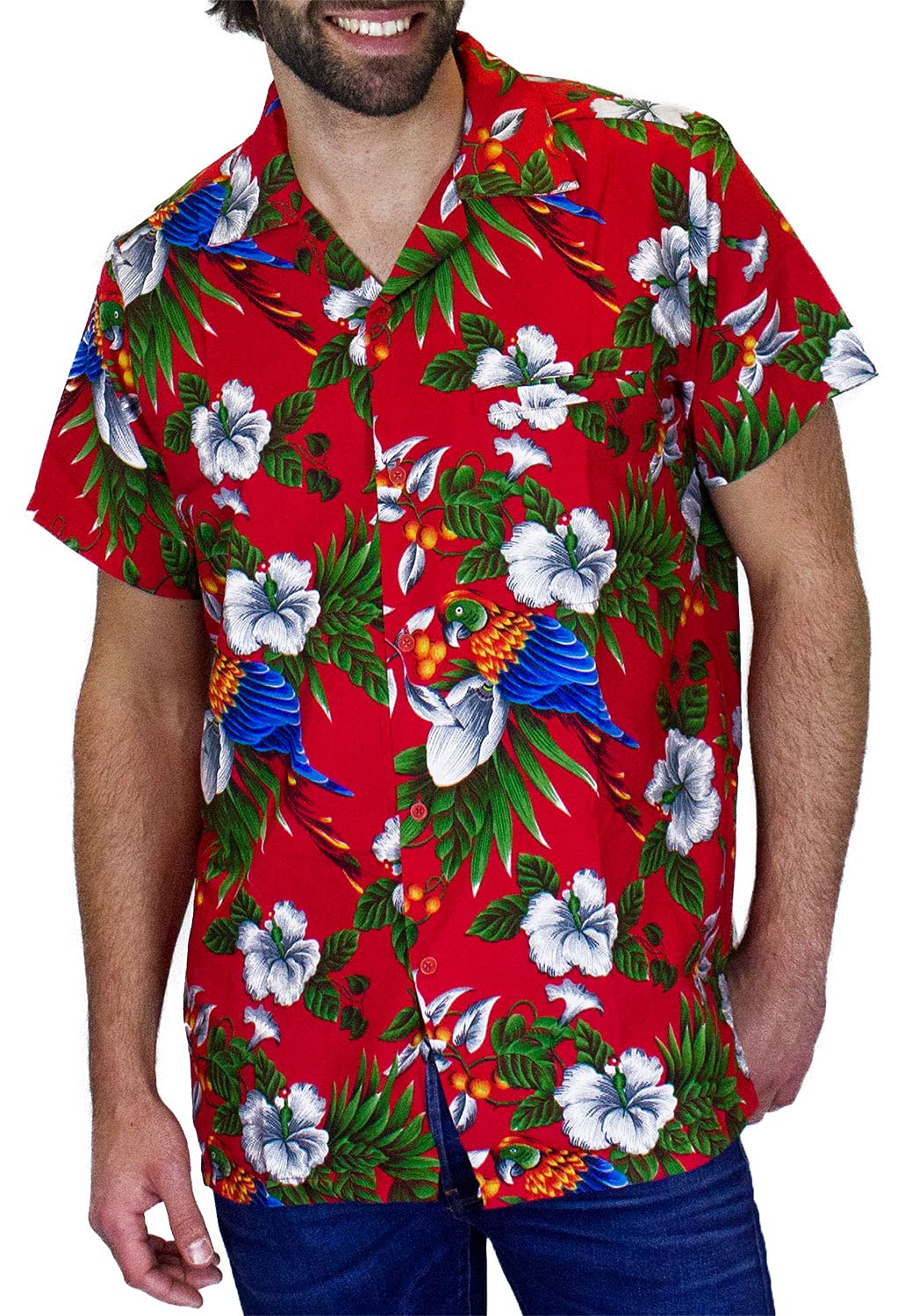 Vibrant Hawaiian Shirt with Tropical Parrot & Cherry Print - Red Aloha Shirt for Men & Women (Size XS) - Perfect for Beach Parties, Summer Vacations & Tropical Getaways