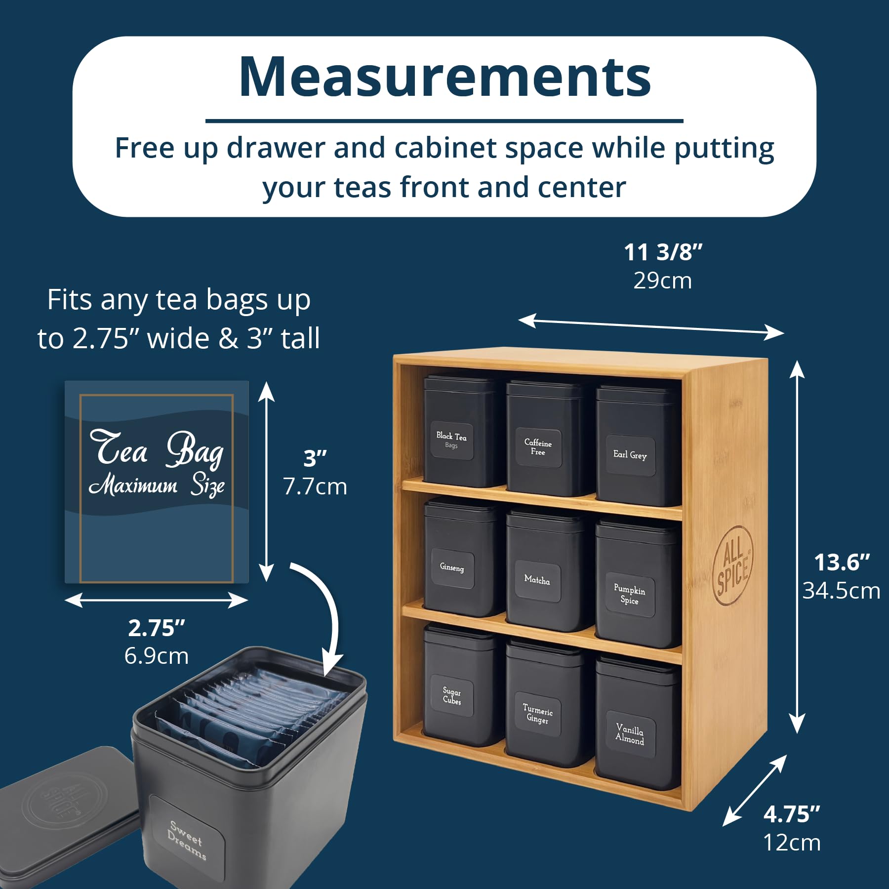 Premium 9-Tin Bamboo Tea Organizer Rack with 160 Magnetic Labels - Perfect for Organizing Loose Leaf & Bagged Tea - Space-Saving Kitchen Storage for Tea Lovers & Home Bars