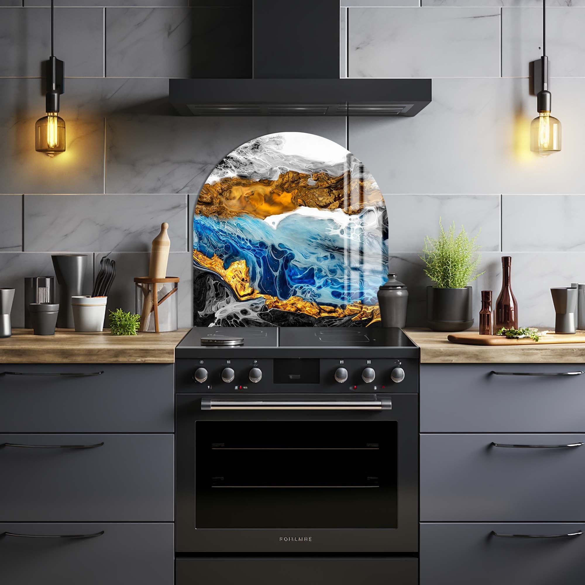 Premium Gold & Blue Marble Glass Splashback - Stylish Kitchen Backsplash for Modern Homes | Perfect for Countertops, Stoves & Cooking Areas