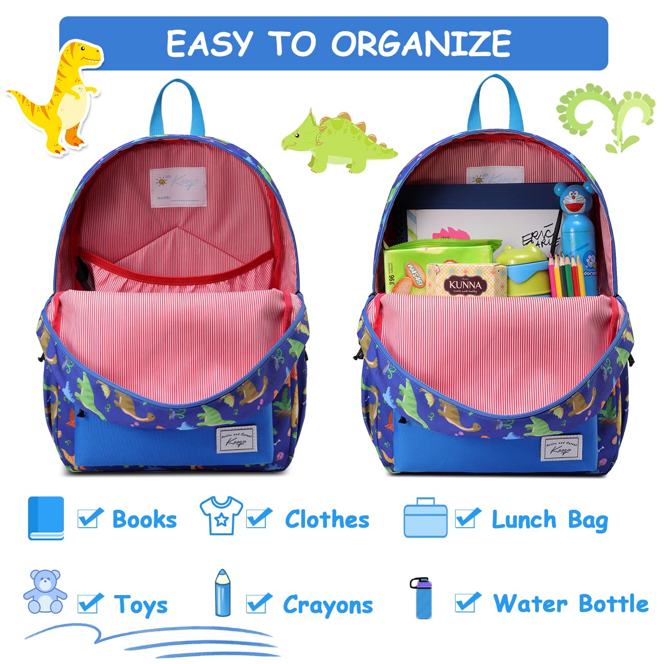 Kasqo Kids Backpack - Water Resistant Lightweight School Bookbag with Adjustable Chest Strap for Boys & Girls | Perfect for Preschool, Daycare & Travel