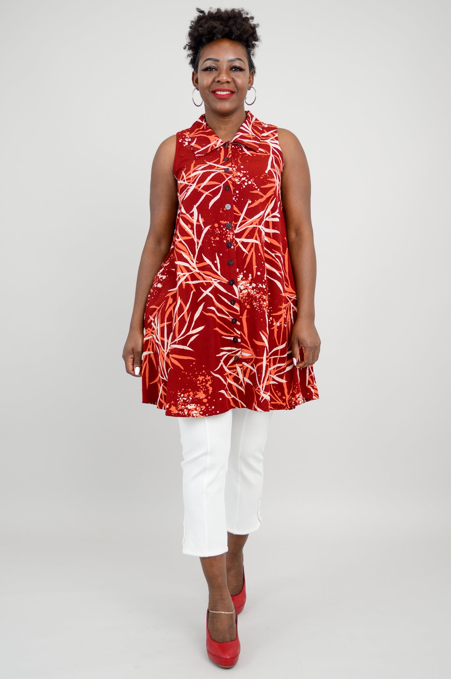 Cissy Tank Top - Women's Fashion Casual Blouse in Palm Burgundy for Summer Outfits and Beach Wear