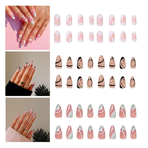 InTioLiz 3 Packs (72 Pcs) Almond Press on Nails - Short & Medium Fake Nails with Glue, Full Cover Acrylic French Nails Set with Glossy Designs for Women & Girls - Perfect for Parties, Weddings & Daily Wear