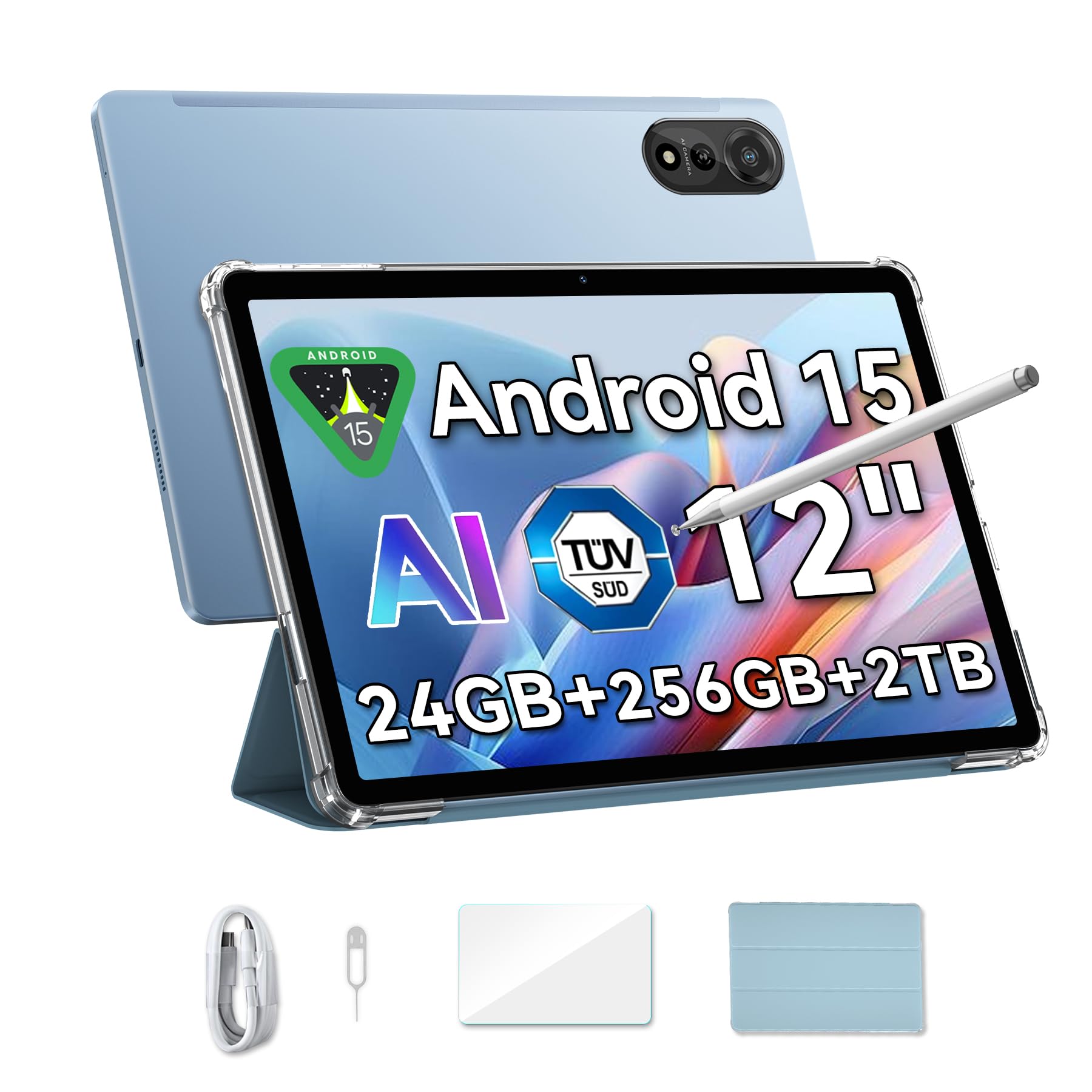 Blackview Mega2 Android 15 Tablet 12 Inch, 24GB RAM + 256GB ROM, 2K FHD Large Display Gaming Tablet, Octa Core T615, 9000mAh Battery, Dual 4G LTE + 5G WiFi, WideVine L1, Dual Camera, Face ID, GPS - Perfect for Gaming, Streaming & Productivity on the Go