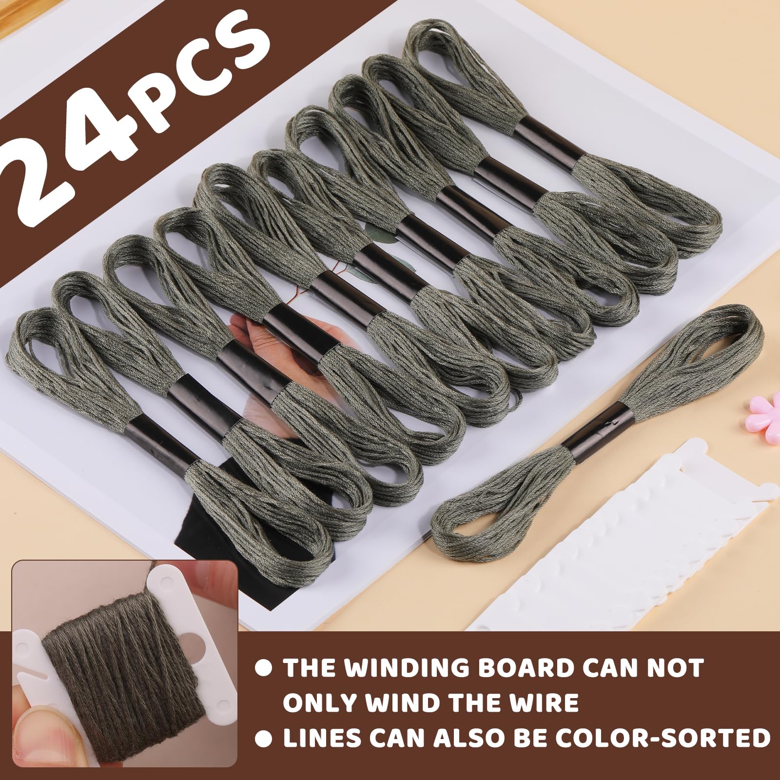 24 Skeins Embroidery Thread Set - Gray Cross Stitch Floss Kit with Plastic Bobbins, Needle Threader & Sewing Needles | Perfect for DIY Crafts, Cross Stitch Projects, and Hand Embroidery
