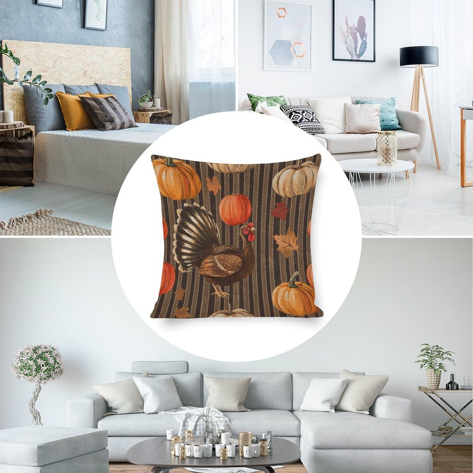 Thanksgiving Turkey Squash Autumn Harvest Pillow Cover 22x22 Inch - Farmhouse Decor with Maple Leaves for Sofa, Couch & Home Decor | Cozy Fall & Thanksgiving Decoration