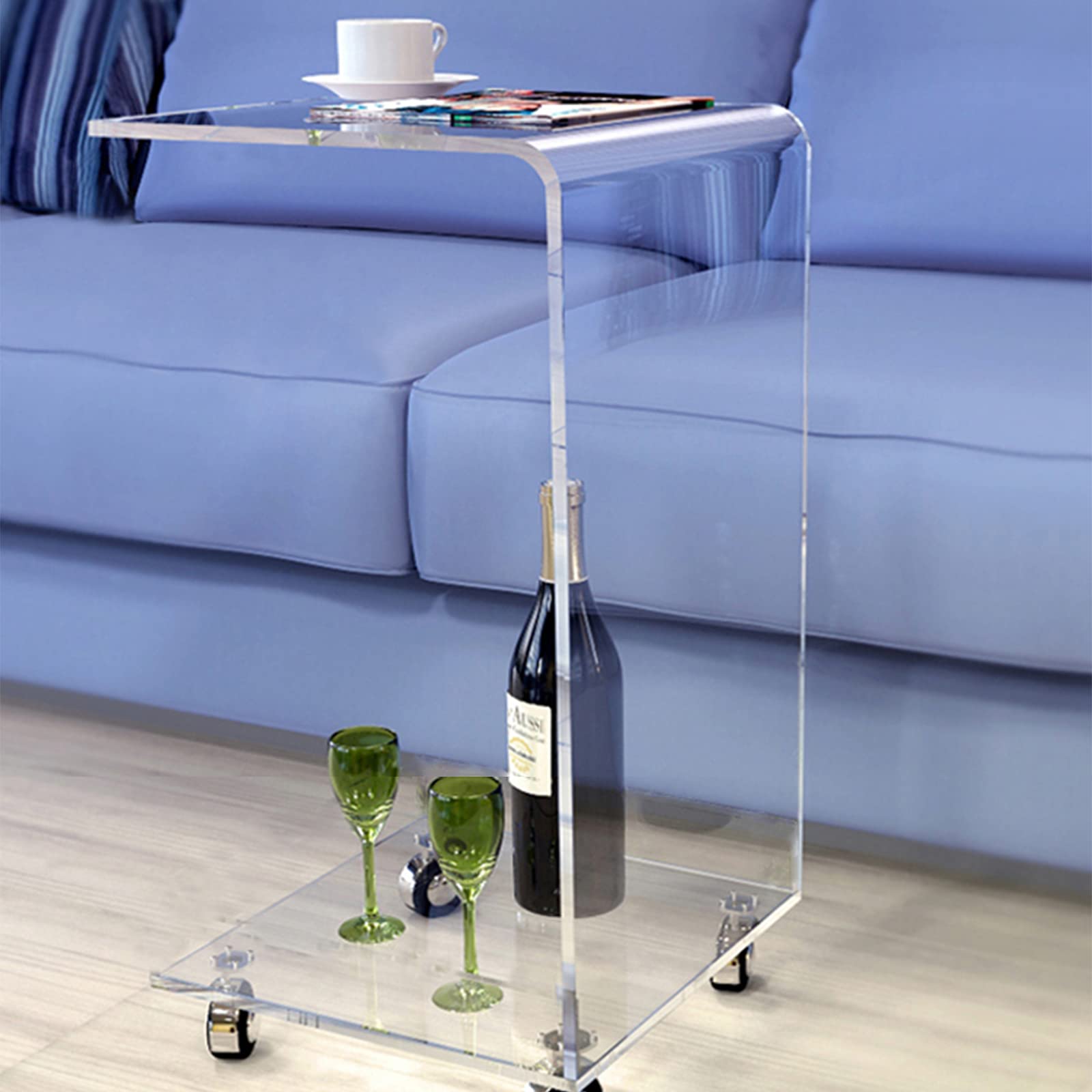 Clear Acrylic C-Shaped Rolling Side Table with Wheels - Portable End Table for Snacks, Coffee, Notebook & Tablet - Perfect for Bed, Sofa & Living Room Use