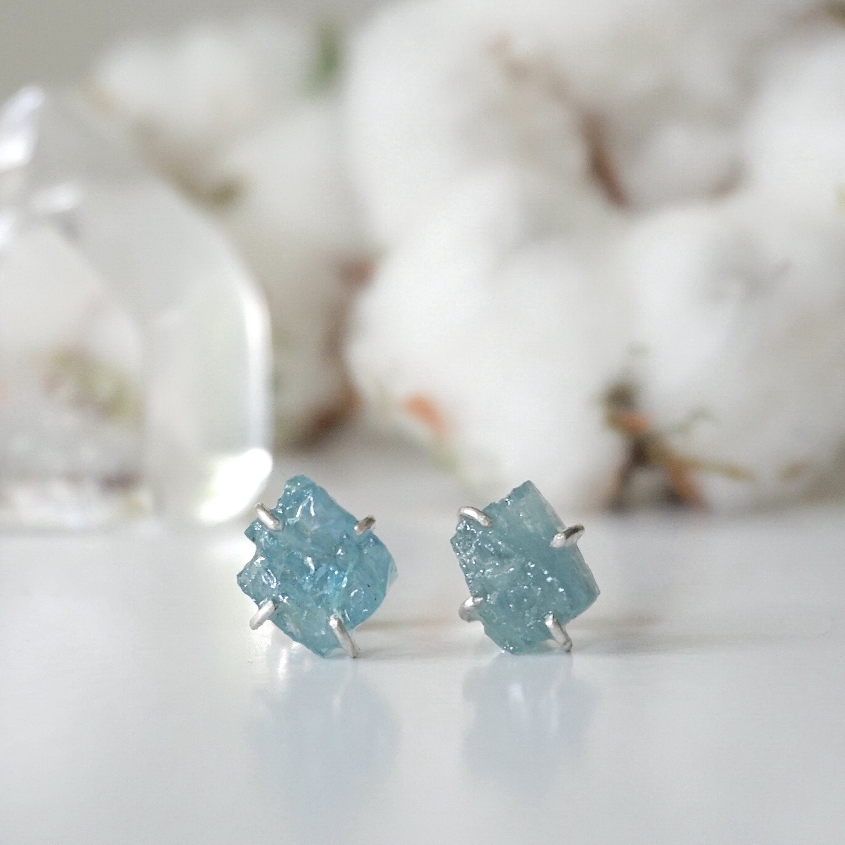Natural Aquamarine Huggie Stud Earrings - 925 Sterling Silver Jewelry for Women - Perfect for Everyday Wear, Gift Giving & Special Occasions