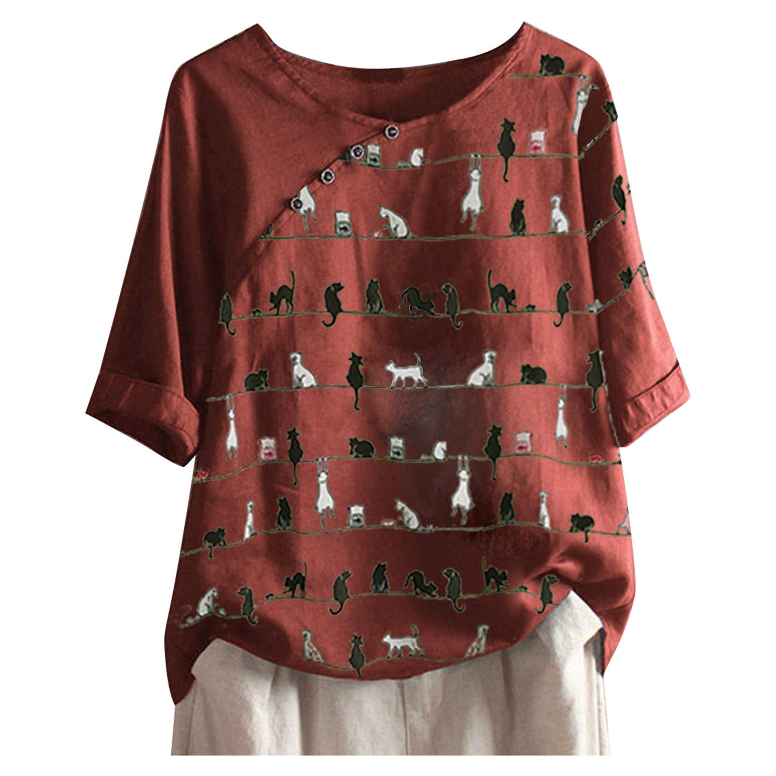 TUNUSKAT Women's Vintage Print Loose Blouse - Summer Short Sleeve Crewneck Pullover T-Shirt - Casual Western Style Top for Everyday Wear, Outings & Boho Fashion