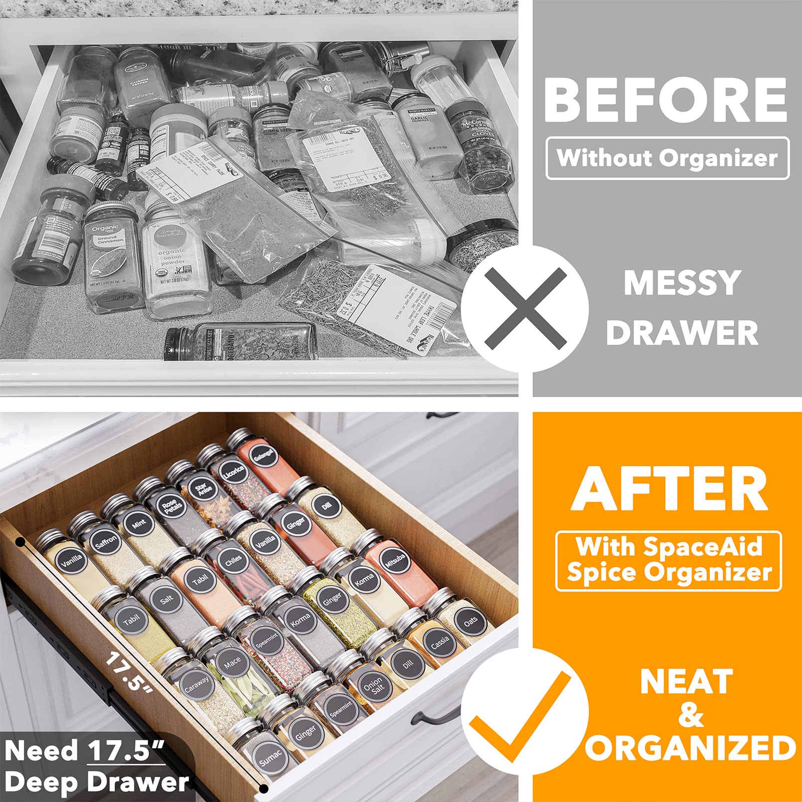 SpaceAid 28-Jar Spice Drawer Organizer with Storage Bags - 4 Pack Set for Kitchen Cabinet & Pantry Organization | Perfect for Home Chefs & Meal Prep Enthusiasts